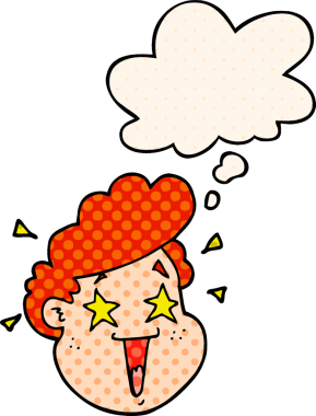 Çizgi roman tarzında bir insan tarafından çizilmiş düşünce baloncuğu ile çizgi film mutlu yüzü