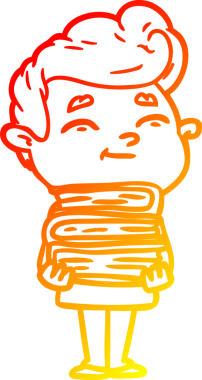 Bir insan tarafından çizilmiş kitap yığınıyla mutlu bir çizgi film adamı çizimi.