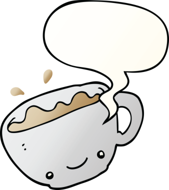 Bir insan tarafından çizilmiş, konuşma baloncuklu bir kahve fincanı.