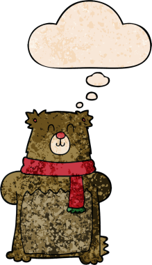 Bir insan tarafından çizilmiş grunge desenli düşünce baloncuklu çizgi film ayısı.