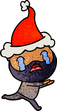 Bir insanın çizdiği Noel Baba şapkasıyla ağlayan sakallı bir adamın el çizimi karikatürü.