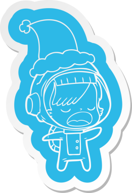 Bir insan tarafından çizilmiş Noel Baba şapkası giyen konuşan astronot bir kadının garip çizgi film çıkartması.