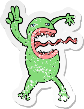 Bir insan tarafından çizilmiş çılgın bir kurbağanın gerilmiş çıkartması.