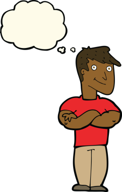 Bir insan tarafından çizilmiş düşünce balonlu kaslı bir adam.