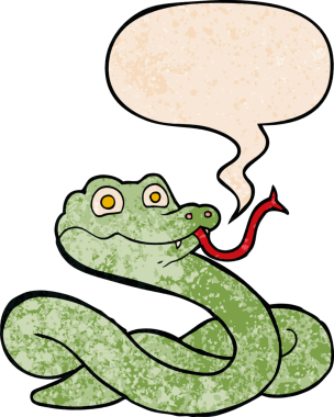 Konuşma baloncuklu çizgi film yılanı insan tarafından çizilmiş eski moda dokular.