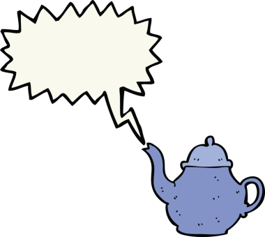 Bir insan tarafından çizilmiş, konuşma baloncuklu bir çaydanlık.