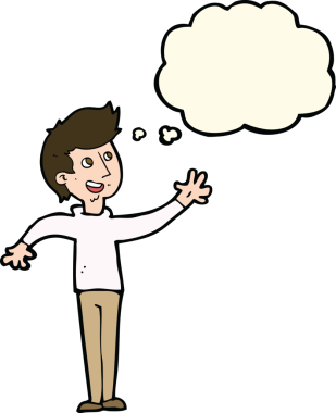 Bir insan tarafından çizilmiş düşünce baloncuğuyla el sallayan çizgi film adamı.