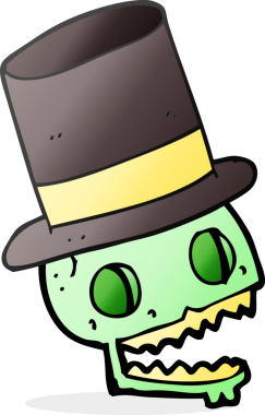 Bir insanın çizdiği silindir şapkalı gülen kafatası.