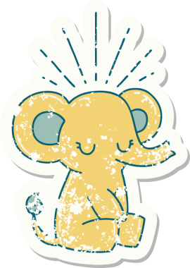 Dövme stili eski bir çıkartma. Bir insan tarafından çizilmiş şirin bir fil.