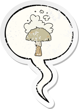 Spor bulutlu çizgi film mantarı konuşma baloncuğu bir insan tarafından çizilmiş sıkıntılı eski bir çıkartma