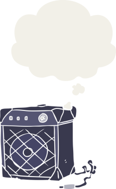 Düşünce baloncuğu olan bir karikatür gitar amfisi insan tarafından çizilmiş.