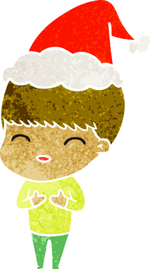 Mutlu el çizimi, Noel Baba şapkası takan bir çocuğun insan tarafından çizilmiş retro karikatürü.