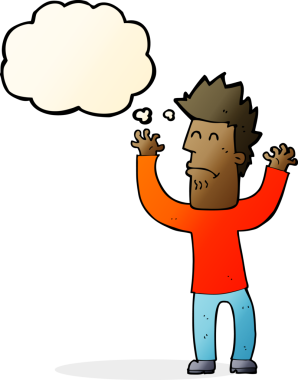 Bir insan tarafından çizilmiş düşünce baloncuğu olan stresli bir adam.