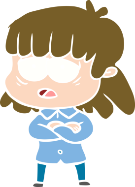 Düz renkli çizgi film. Bir insan tarafından çizilmiş yorgun kadın.