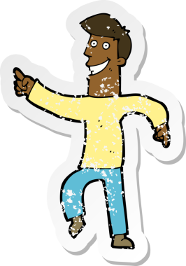 Bir insan tarafından çizilmiş sırıtan bir çizgi film karakterinin kederli retro yapıştırması.