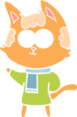 Bir insan tarafından çizilmiş kışlık giysiler içinde mutlu düz renkli çizgi film kedisi.