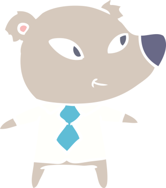 Bir insan tarafından çizilmiş ofis kıyafetleri içinde şirin düz renkli çizgi film ayısı.