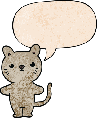 Konuşma baloncuğu olan çizgi film kedisi insan tarafından çizilmiş eski moda dokular.