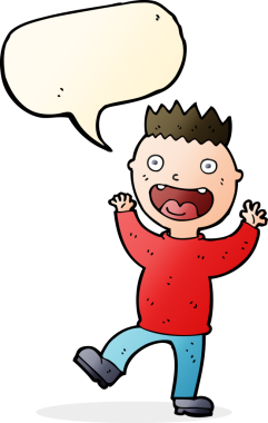 Bir insan tarafından çizilmiş konuşma balonu olan çılgın, mutlu bir adam.