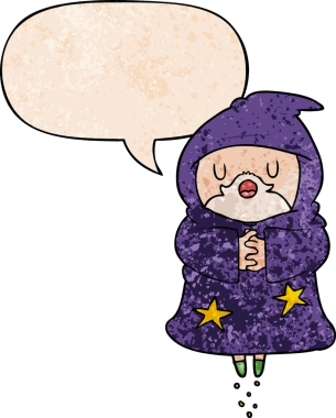 yüzen çizgi film sihirbazı konuşma baloncuğu ile retro doku tarzı bir insan tarafından çizilmiş