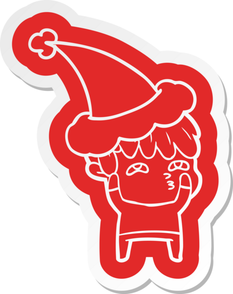 Bir insan tarafından çizilmiş Noel Baba şapkası giyen tuhaf bir adamın çizgi film çıkartması.