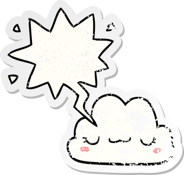 Konuşma baloncuğu olan sevimli çizgi film bulutu bir insan tarafından çizilmiş sıkıntılı eski bir çıkartma