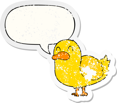 Çizgi film ördeği konuşma baloncuğu ile sıkıntılı eski bir çıkartma bir insan tarafından çizilmiş