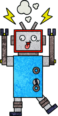 Bir insan tarafından çizilmiş çatlak bir robotun retro grunge desen karikatürü