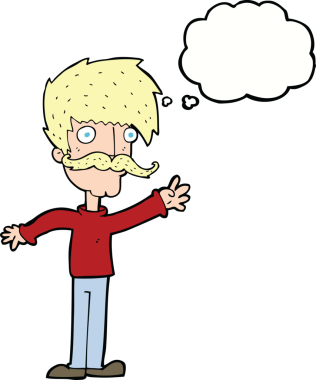 Bir insan tarafından çizilmiş düşünce balonlu bıyıklı bir çizgi film adamı.