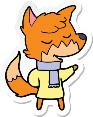 Bir insan tarafından çizilmiş kışlık giysili, dost canlısı bir tilkinin çıkartması.