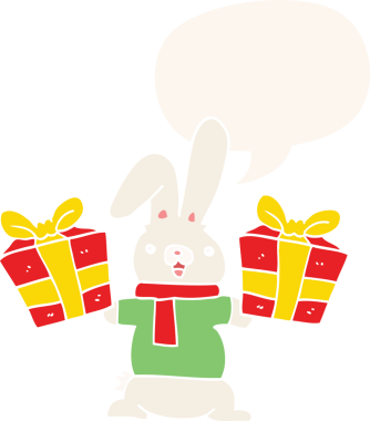 Çizgi film tavşanı ve noel hediyeleri retro tarzı konuşma baloncuklarıyla bir insan tarafından çizilmiş.