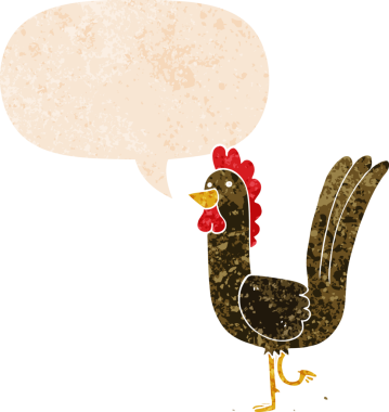 grunge içinde konuşma baloncuğu olan çizgi film horozu bir insan tarafından çizilmiş dertli retro dokuma tarzı