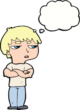 Bir insan tarafından çizilen düşünce baloncuğuyla sinirlenmiş bir çocuk.