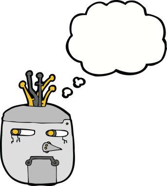 Bir insan tarafından çizilmiş düşünce baloncuklu robot kafası.
