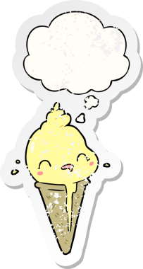 Düşünce baloncuklu tatlı çizgi film dondurması insan tarafından çizilmiş yıpranmış bir çıkartma gibi.