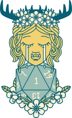 Retro Dövme Tarzı Hüzünlü Yarı Ork Druid Karakteri Bir zar bir insan tarafından çizilmiş