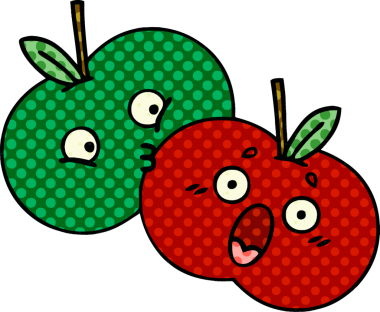 Bir insan tarafından çizilmiş bir çift elmanın çizgi romanı.