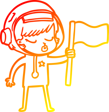 Bir insan tarafından çizilen sıcak çizgi çizimi güzel astronot kız bayrak dikiyor.