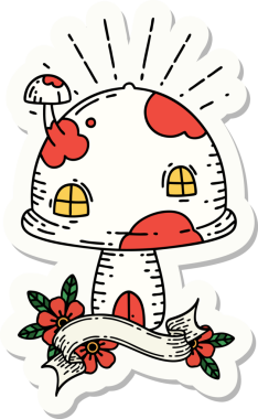 Bir insan tarafından çizilmiş dövme stili mantar evi çıkartması.