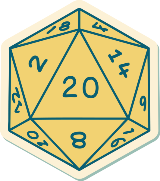 Bir insan tarafından çizilmiş d20 zarının geleneksel stiliyle dövme etiketi