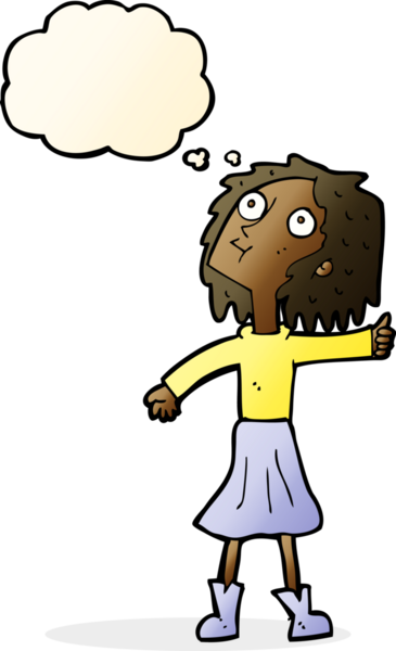 Bir insan tarafından çizilmiş düşünce baloncuğuyla gökyüzüne bakan çizgi film kadını.