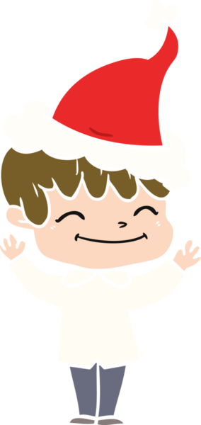 Bir insan tarafından çizilmiş Noel Baba şapkası takan mutlu bir çocuğun düz renkli çizimi.