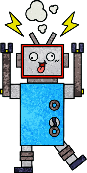 Bir insan tarafından çizilmiş çatlak bir robotun retro grunge desen karikatürü