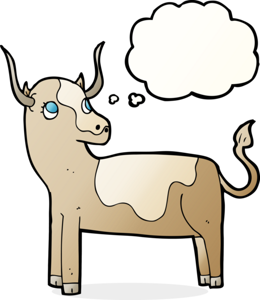 Bir insan tarafından çizilmiş düşünce balonlu çizgi film ineği.