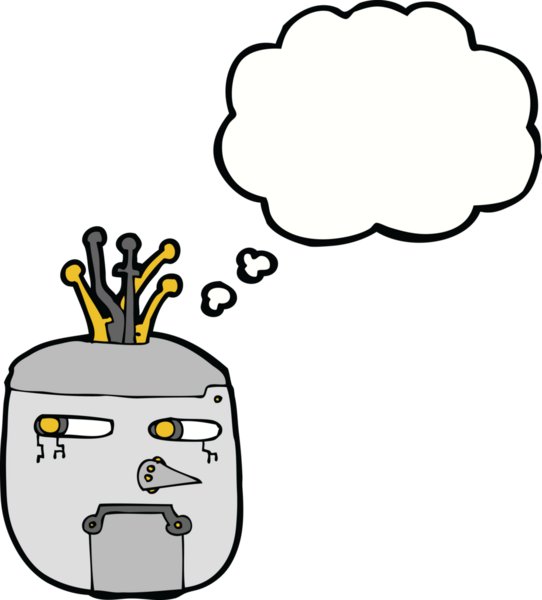 Bir insan tarafından çizilmiş düşünce baloncuklu robot kafası.