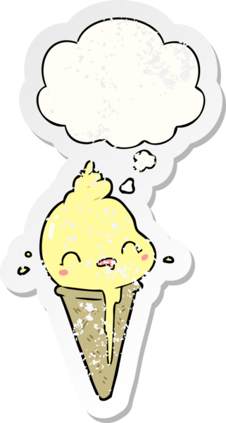 Düşünce baloncuklu tatlı çizgi film dondurması insan tarafından çizilmiş yıpranmış bir çıkartma gibi.