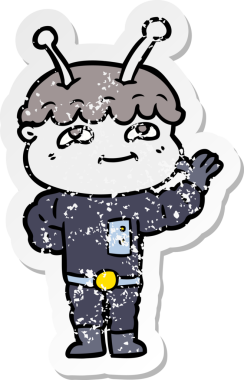 Bir insan tarafından çizilmiş dost canlısı bir uzay adamının sıkıntılı çıkartması.