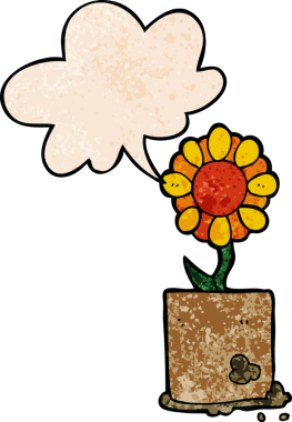 Konuşma baloncuğu olan karikatür çiçeği insan tarafından çizilmiş eski moda dokular.