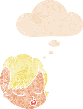 Düşünce baloncuklu karikatür kadın yüzü bir insan tarafından çizilmiş dertli retro tarzı