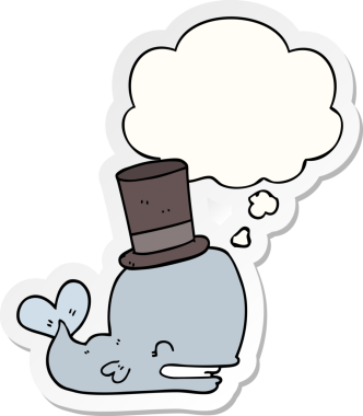 Düşünce baloncuklu silindir şapka takan balina bir insan tarafından çizilmiş çıkartma.